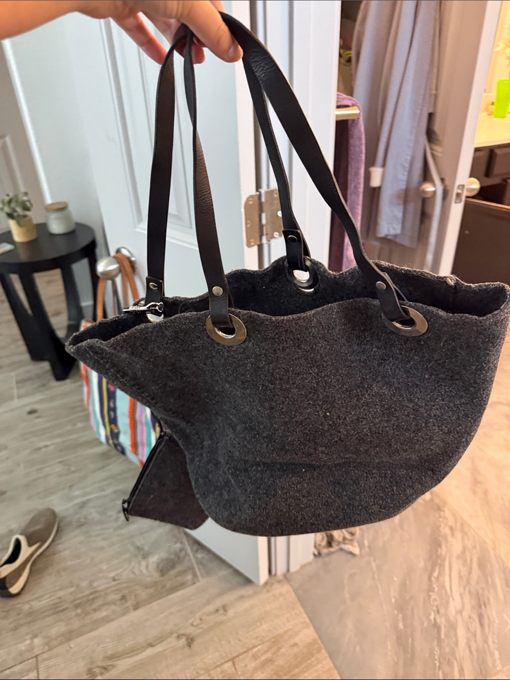Banana Republic Dark Gray Felt Tote with Black Leather Straps